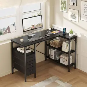 Sweetcrispy L Shaped Desk With Shelf Drawers, White Corner Computer Desks Gaming With Power Outlet, Study Table With Adjustable Shelves, Home Office Tables For Bedroom Teacher Reading Writing