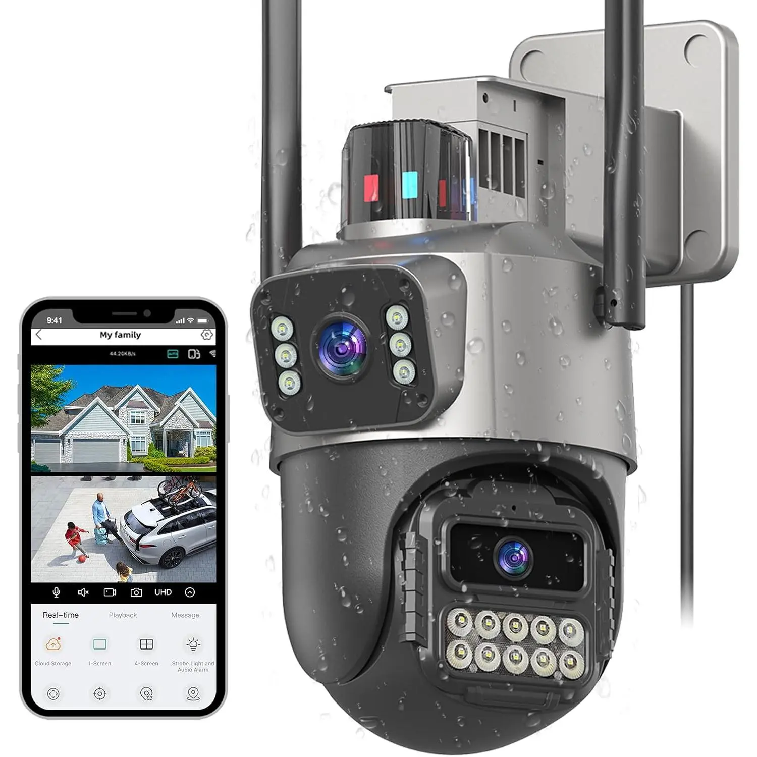 6MP Wired Dual-Lens Outdoor Security Camera, IP66 Waterproof, AI Tracking, Light Alarm, Color Night Vision, 2-Way Audio, 24/7 Recording, Support SD/Cloud Storage, Bluetooth, NVR Compatible, RTMP Port 1935, Wall Mount for Home Security, Optical Zoom, Corde