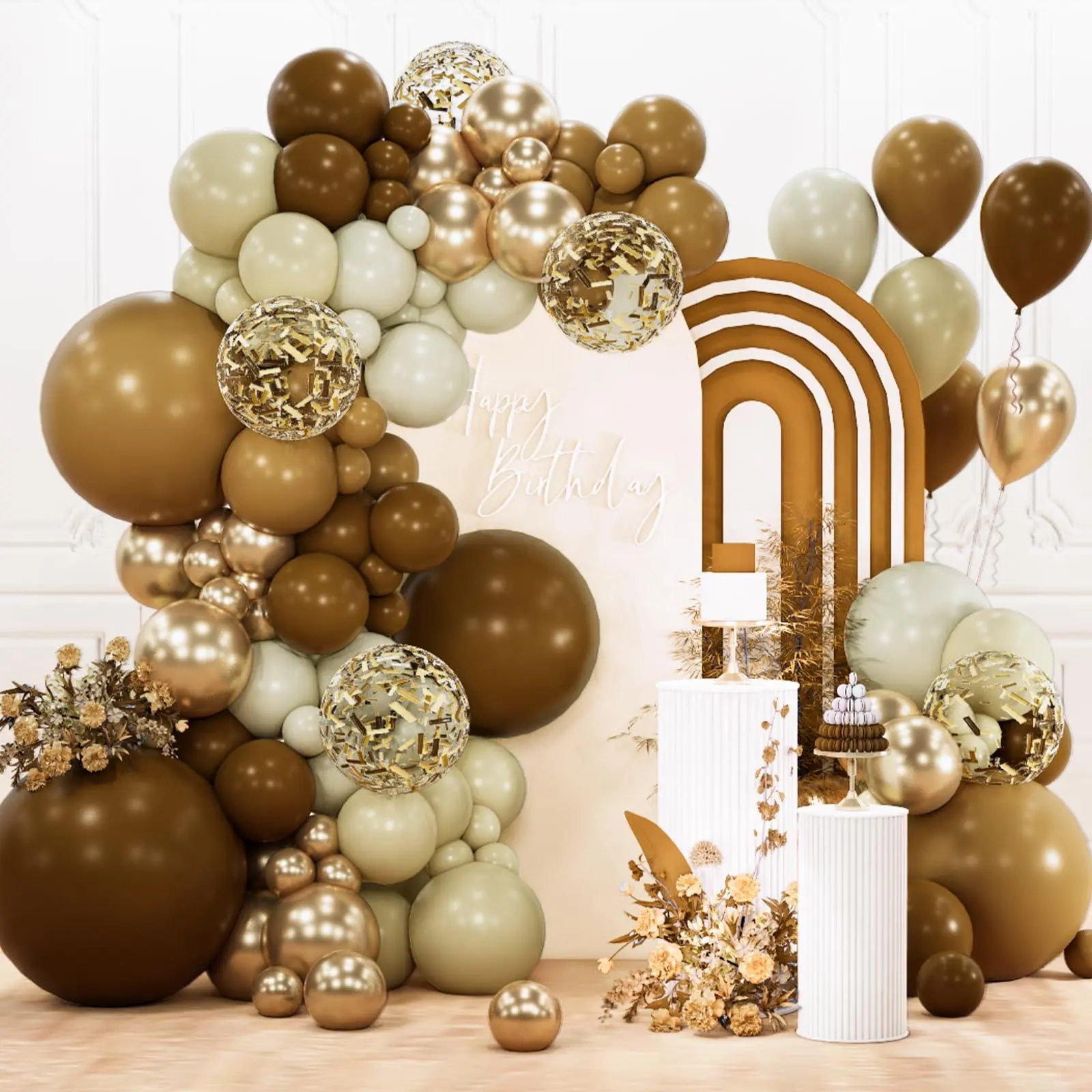 PartyWoo 142pcs Round Bohemian Brown Balloons Arch Kit - 18/12/10/5in Dark Sand Beige Neutral Fall Metallic Gold Confetti Set with Hand Pump, Decoration for Birthday, Anniversary Parties