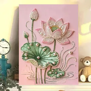 Serene Water Lily Shimmer Bead Mosaic DIY Paint by Numbers Kit, Zen Thick Textured Canvas Craft Set, Tranquil Botanical Wall Accent for Interior Styling & Meaningful Handmade Presents