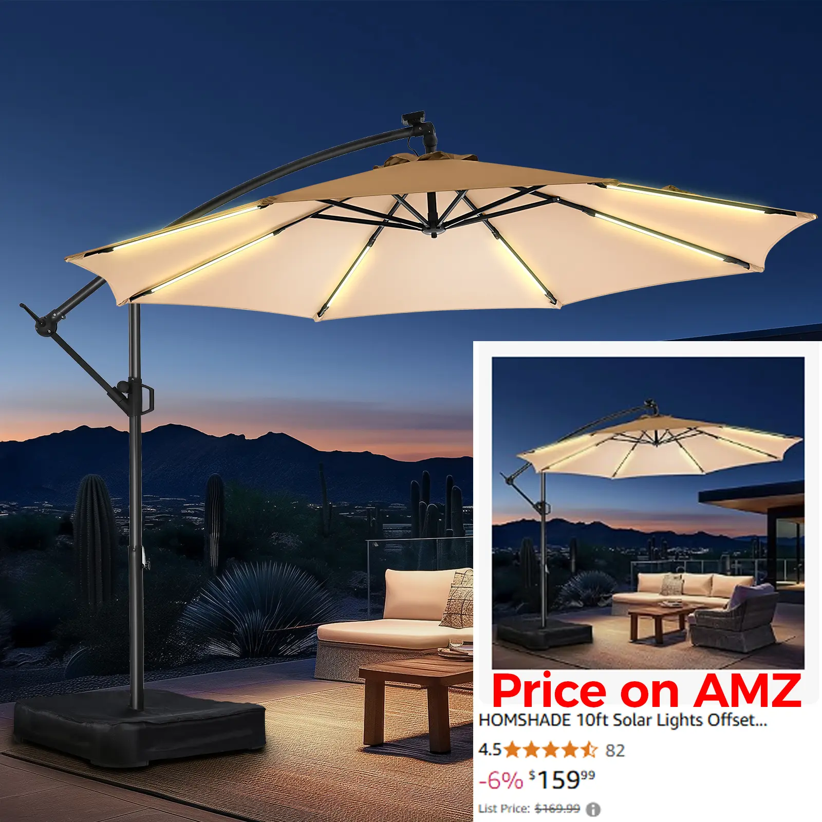 10ft Offset Patio Umbrella Parasol - Outdoor Sunshade Umbrella with Sturdy Base, Solar LED Lights, Easy Tilt & Crank, Adjustable UPF 50+ Sun Protection, Canopies & Shade for Garden, Poolside Outdoor Furniture, Solar Patio Umbrellas