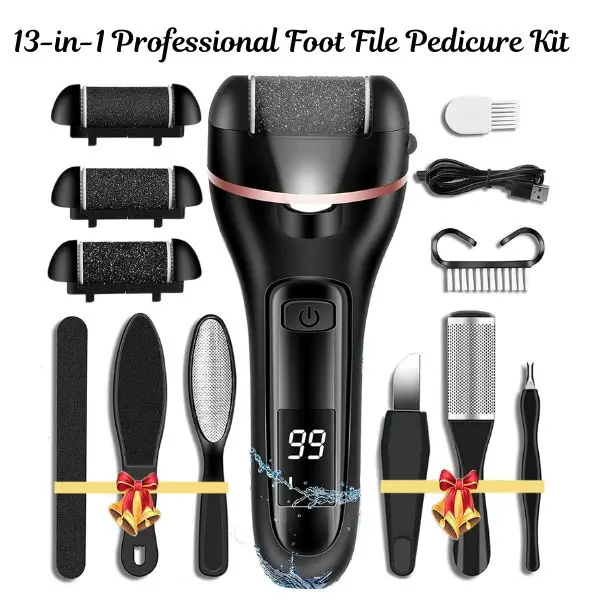 Electric Callus Remover for Feet | 13-in-1 Professional Foot File Pedicure Kit | Hard Cracked Dry Skin Scrubber with 3 Rollers & 2 Speeds