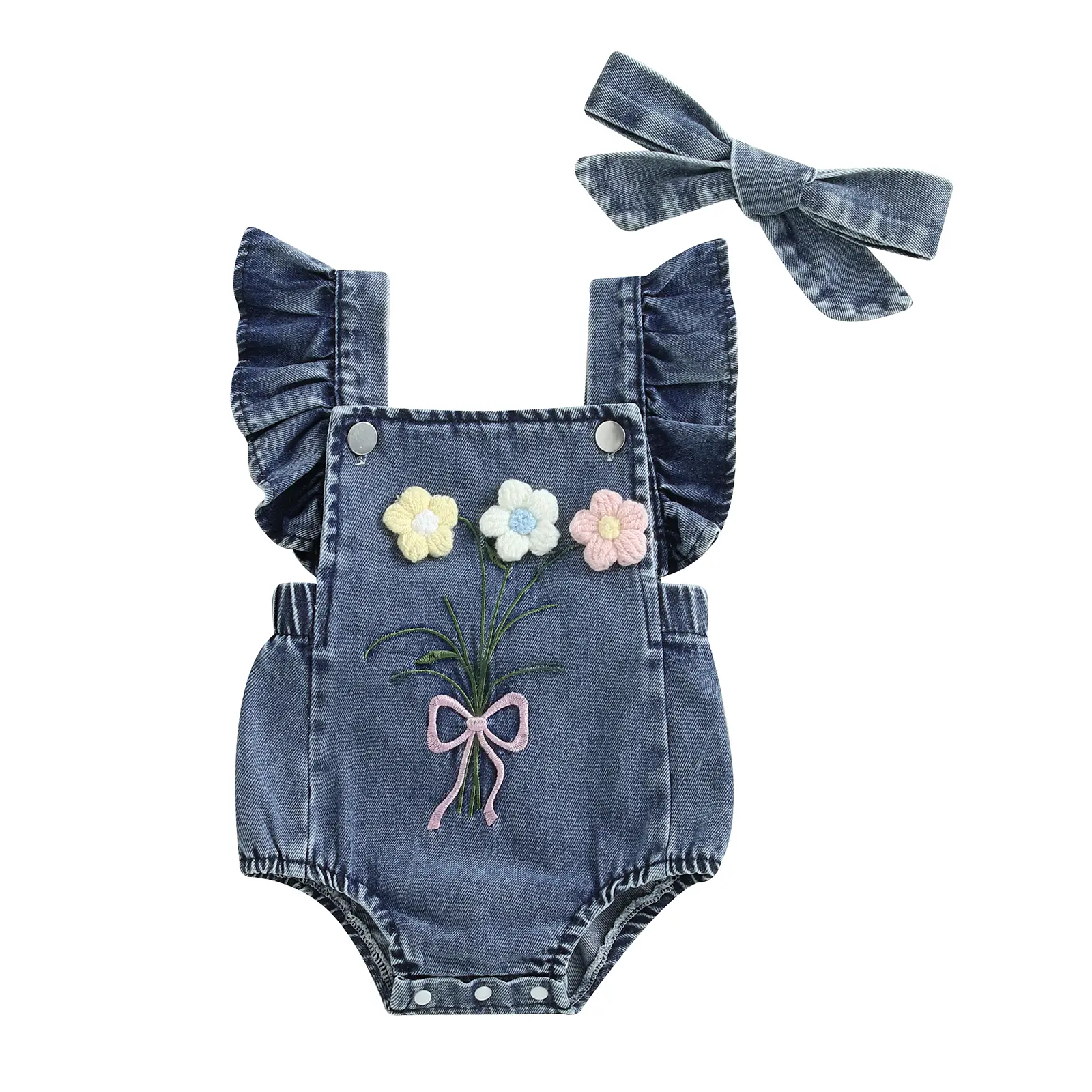 Meihuida Baby Girl Denim Romper Floral Sleeveless Ruffle Denim Bodysuit Overalls with Headband Newborn Summer Outfit