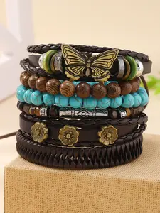 6 Piece Boho Style PU Leather Layered Bracelet Set, Vintage Handmade Multi-Layer Design, Butterfly & Flower Patterns, Unisex Jewelry for All Seasons, Stackable Bracelets