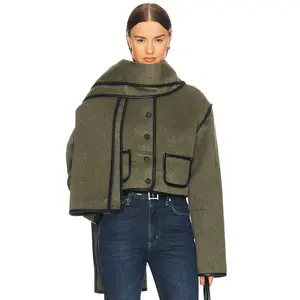 Helsa Boxy Jacket With Detachable Scarf in Olive Melange