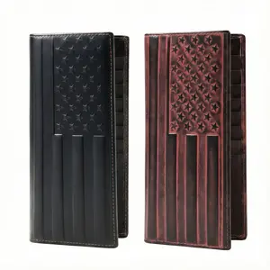 Top-Grain Leather RFID Blocking Brown/Black Flag Pattern Embossed Long Wallet with 13 Card Slots & 1 ID Slot, Vintage Western Cowboy, Retro Design