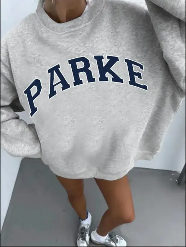 Unisex Retro Sweatshirt – Light Gray Oversized, Long Sleeve, Crewneck, 'PARKE' Letter Graphic, Soft Fabric, Casual Women Tops – Ideal for Campus Outings, Street Fashion, Daily Wear, Graphic Streetwear | Retro College Letter Tee,