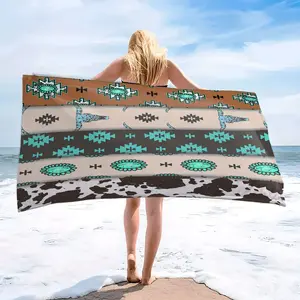 Western Cowboy Style Cow Head Geometric Print Beach Towel, Super Absorbent Microfiber Bath Towel, Reusable for Travel, Swimming, Yoga, Camping