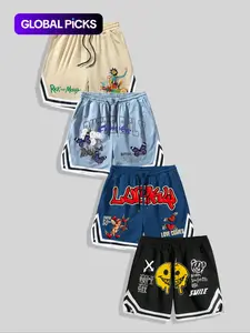 Men's Floral & Letter & Smile Face & Cupid Print Drawstring Waist Shorts, Graphic Print Shorts, Regular Fit Casual Comfy Breathable Shorts, Men's Bottoms for Summer