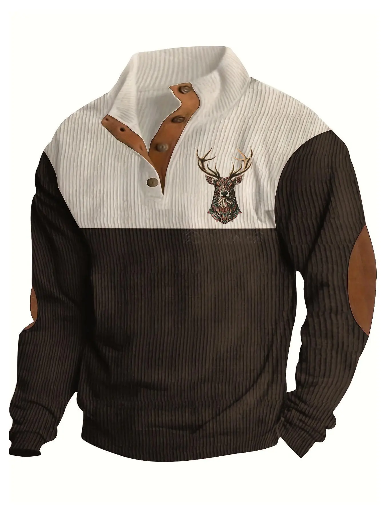 A new men's deer print corduroy casual long sleeve with color blocking design, stand-up collar, casual style, comfortable fabric, suitable for mens daily wear in autumn and winter, men's casual sports long sleeves.