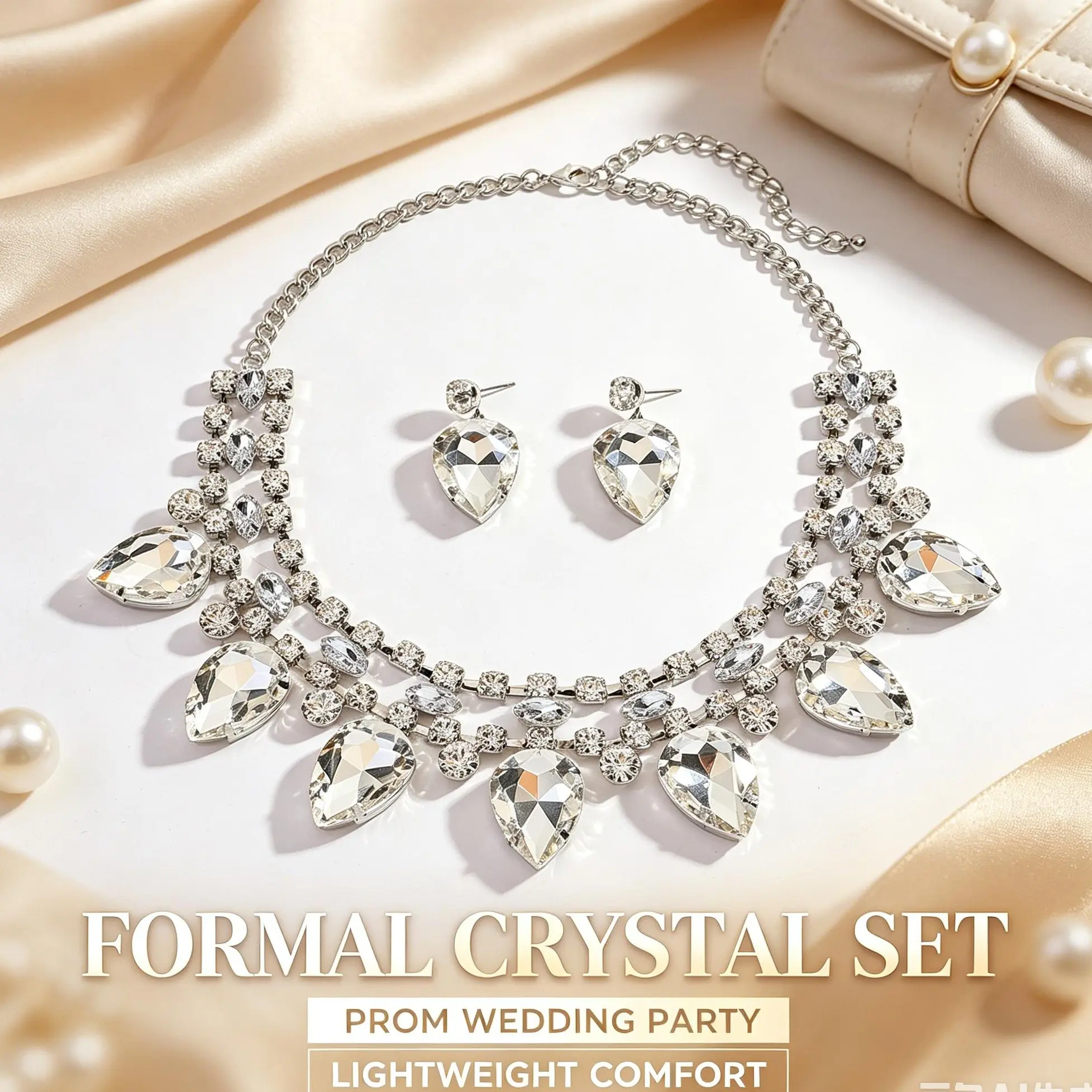 Unisex Elegant Crystal Jewelry Set - Teardrop Rhinestone Design Rhinestones Sparkly Necklaces & Matching Earrings with Initial Beads for Adults, Wedding, Graduation Gifts, Beaded Rhinestone Necklaces