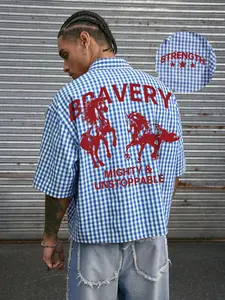 Men's Blue Plaid Checkered Short Sleeve Fitted Shirt, 'bravery' Graphics Print, Street Style Inspirational Design, Summer Fashion Casual Wear