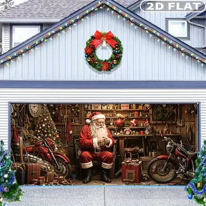 1pc 2D FLAT Polyester Christmas Garage Door Decorations, Festive Backdrops & Banners, Door Banner, Door Covers, 71x157 Inches, Santa Claus with Motorcycle Design, Durable for Holiday Season, Winter New Year Party Decoration, Outdoor Festive Sign
