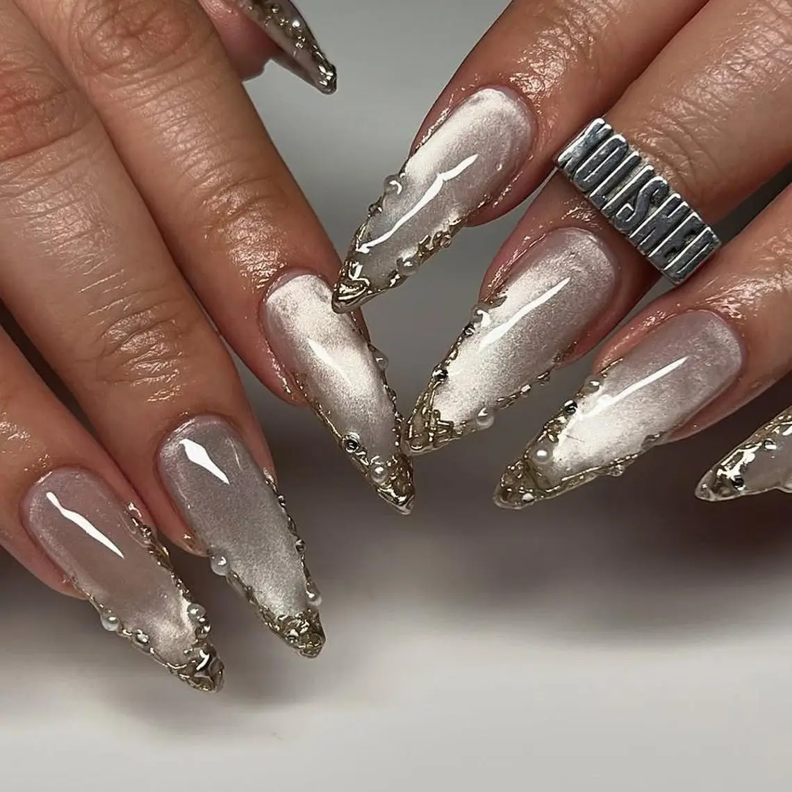 White Cat Eye Silver Chrome Border with Pearls Press-on Nails - Fake Fingernails Reusable for Daily Wear - Gift for Her M43