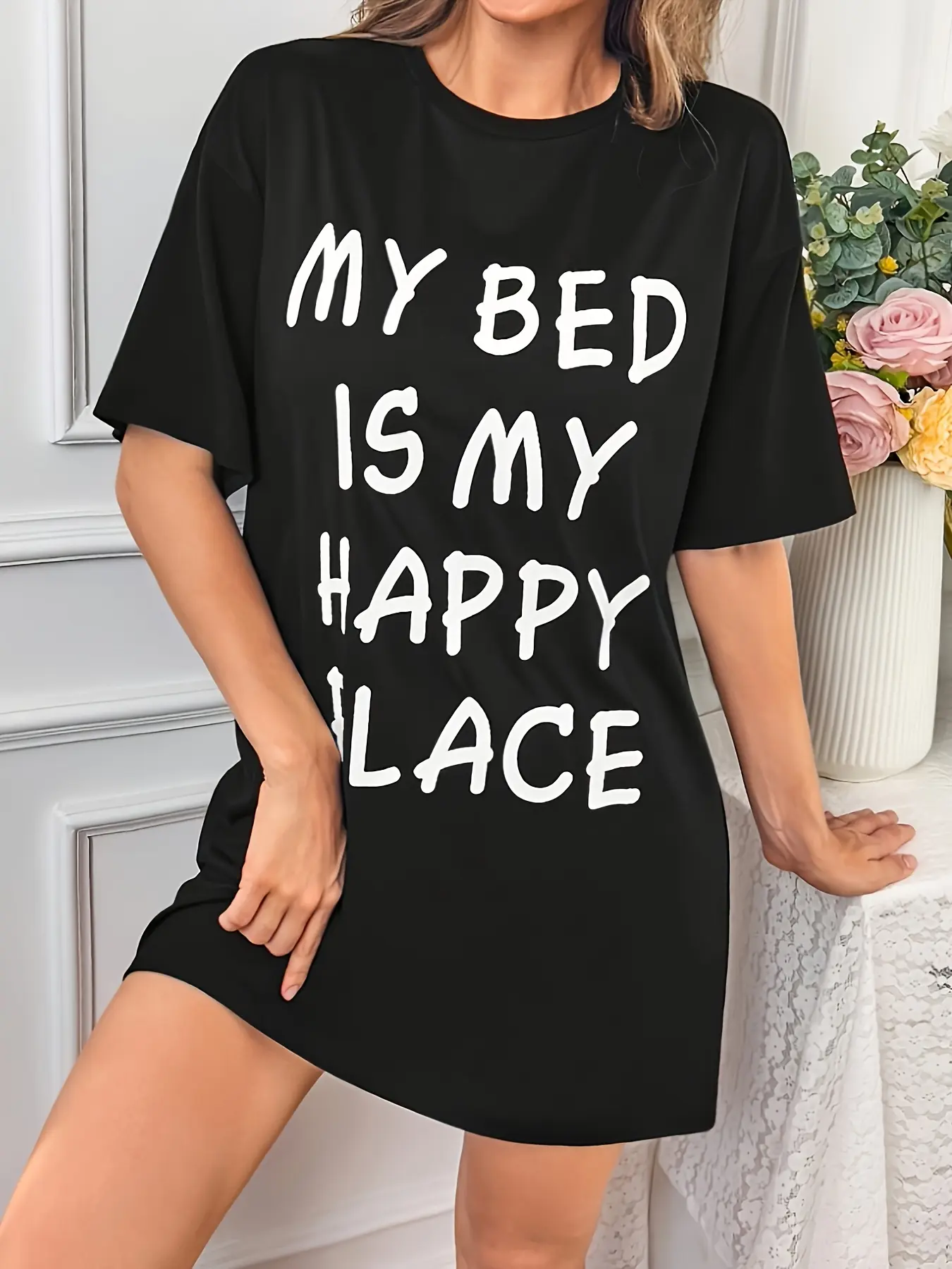 Women's Oversized Graphic T-Shirt Sleep Dress - Soft Crew Neck Short Sleeve Loungewear Dress, Lightweight Sleepwear with Loose Cut for Casual Wear, Loungewear Dresses