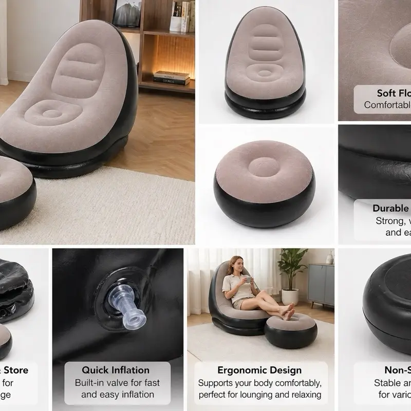 Quick-Inflate Inflatable Lounge Chair with Ottoman - Versatile Indoor Furniture for Lounging, Guest Use, Outdoor Patio Seating