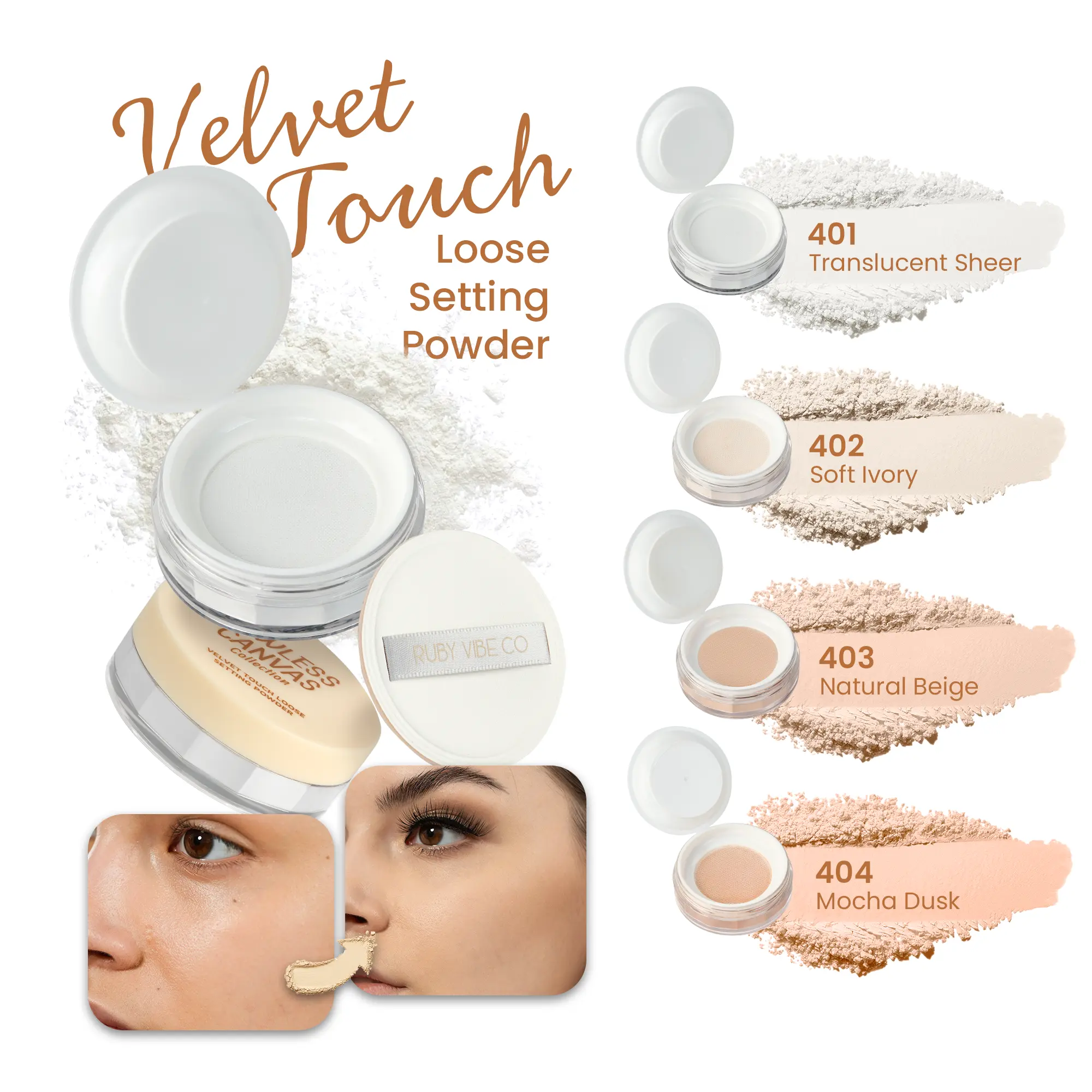 RUBY VIBE CO Loose Setting Powder, Translucent Setting Powder & Tinted Face Powder, Soft Matte Finishing Powder, Lightweight Loose Powder Makeup for Setting, Baking & Touch-Ups