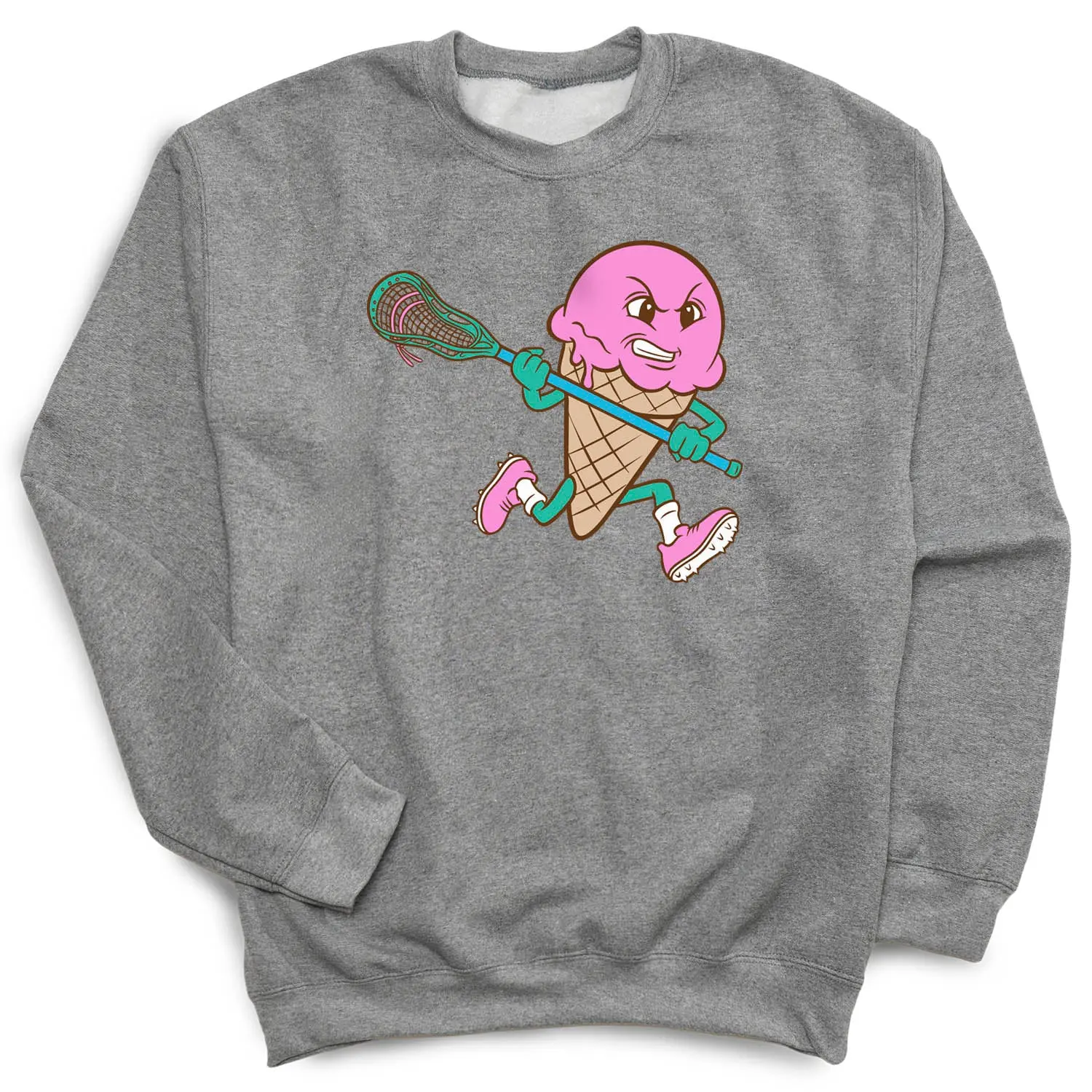 Men's Lacrosse Crew Neck Long Sleeve Pull On Sweatshirt - Character Print Ice Cream Character Stand-Out Graphic, Classic Fit Midweight Fleece Top, Soft Layering Piece for Players, Casual Wear on Cool Days