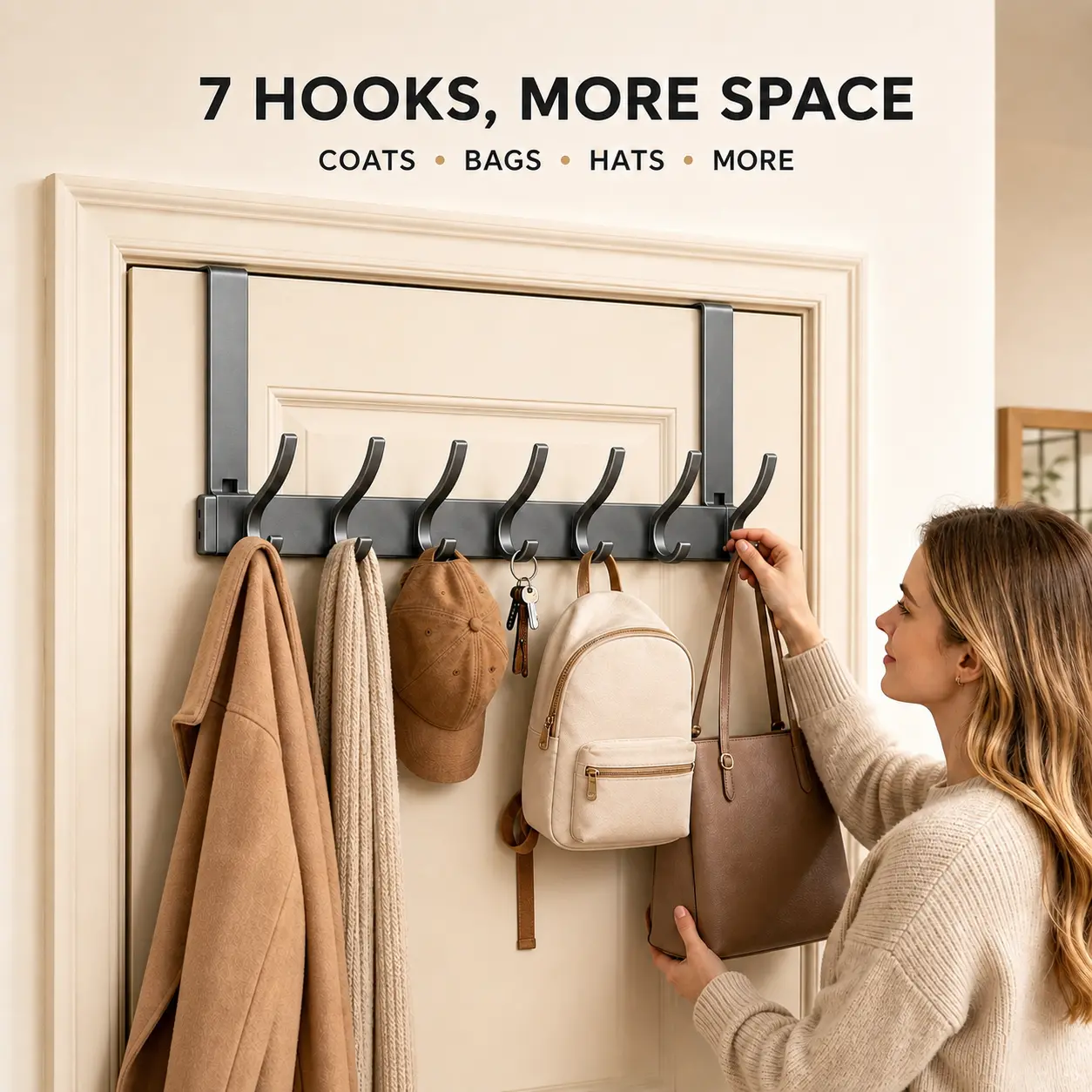 Over-the-Door Heavy-Duty Aluminum Hook Rack - 7 Wide Hooks, No-Drill Installation, Space-Saver Organizer for Renters, Ideal for Bedrooms, Entryways