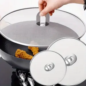 2 Pack Frying Pan Splash Proof Net Splash Proof Oil Cover Stainless Steel Pot Cover 2-in-1 Mesh Cover Oil Blocking Net Suitable for Most Types of Frying Pans Kitchen Essential Accessories (10 inch 13 inch)