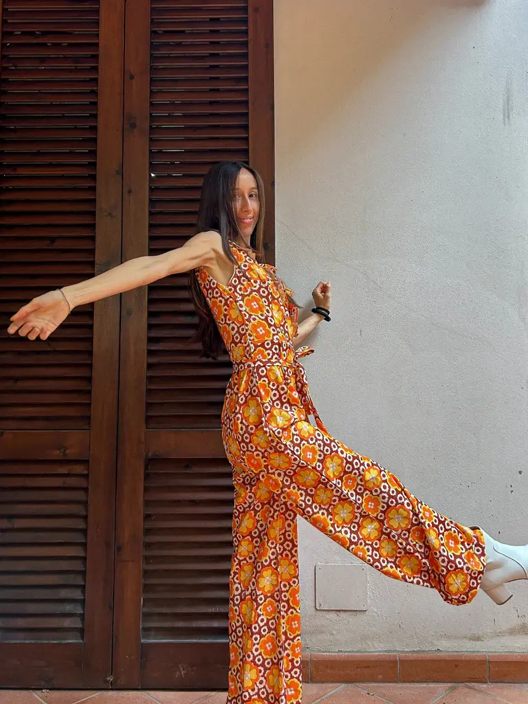 RETRO STAGE Lady's 1970s Vintage Floral Print Jumpsuit Overalls, Elegant Sleeveless V-Neck with Belted Waist, Casual Figure-Accent Vintage Clothing BackToSchool Sohochic Fall Dresses Fall outfits Fall fashion