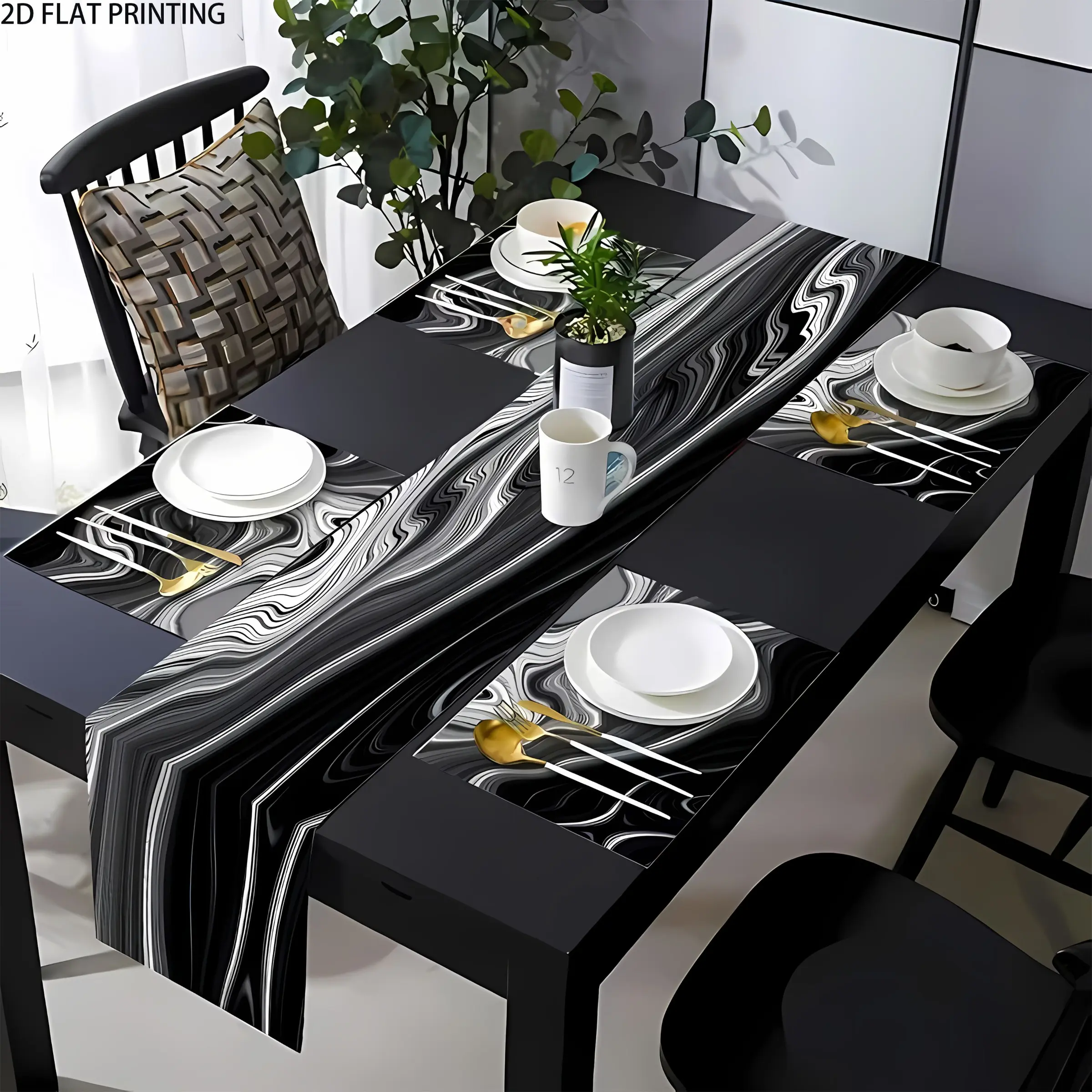 2D flat printing, Durable Materials, 1 piece/4 pieces/6 pieces/8 pieces table flag placemat set, Dining Table Mats, Table placemats, black and white marble pattern, wedding holiday birthday gift, kitchen table decoration, home party decoration