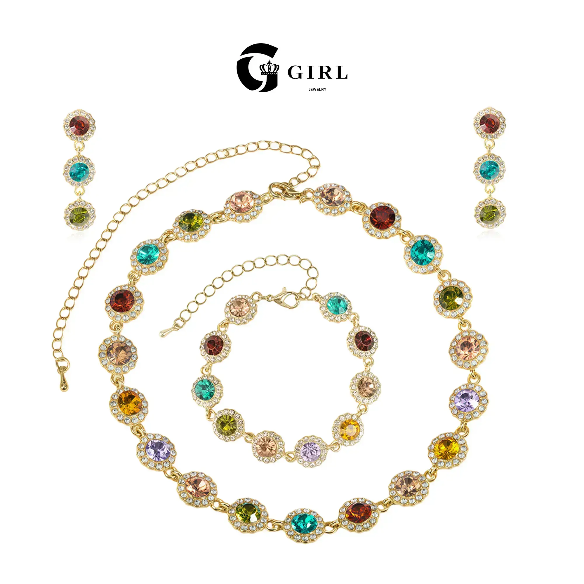 GGIRL Rhinestone Bling Whimsical Colorful Set Jewelry Set - Multi-Piece Stackable Choker, Bracelet & Shining Earring for Women, Unisex Daily Wear & Party Accessory, Holiday Gift, Bling Jewelry Sets