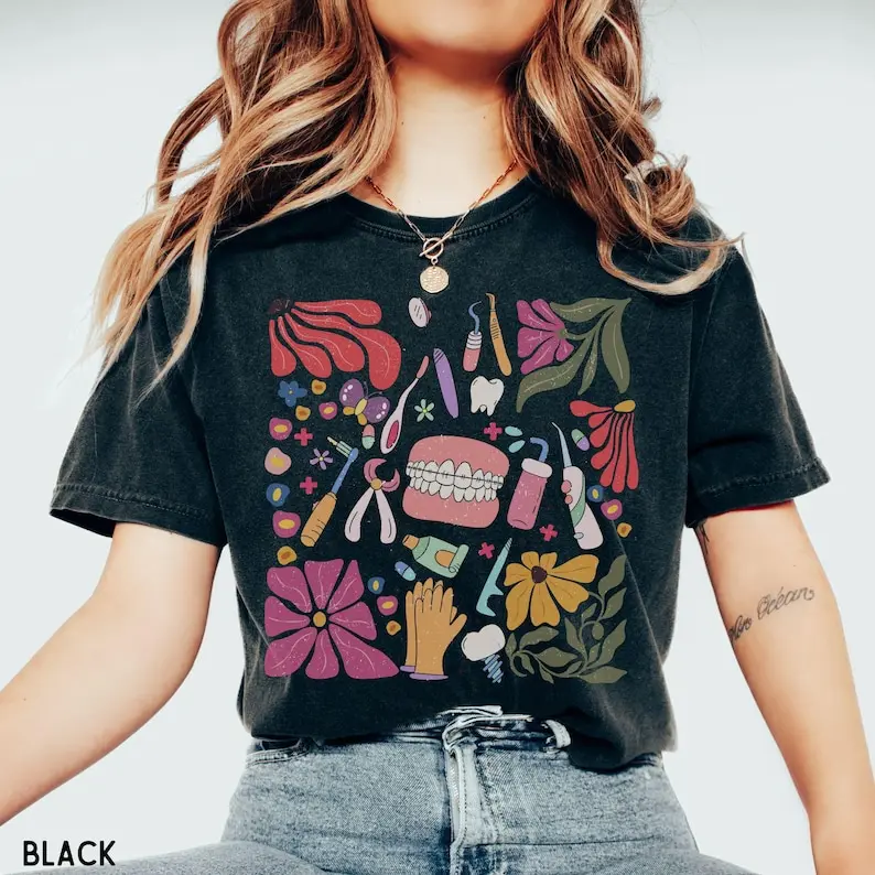 Retro Dental Boho Floral T-shirt, Dental Squad Shirt, Dental Student Gift, Dentist Tee, Group Pediatric Dental Crew Tops Womenswear Breathable Everyday Fit