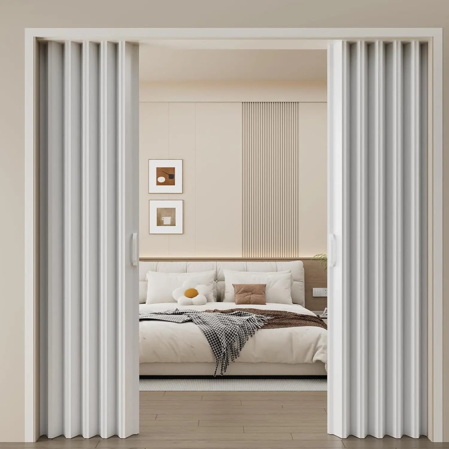 White PVC Folding Accordion Interior Door (59in x 78in) with 0.24in Thickness for Tight Spaces, Floor Clearance, Mounting Hardware, Handle, Portable Bifold Door Great for Closets, Bathrooms, Entryways, Folding Accordion Doors