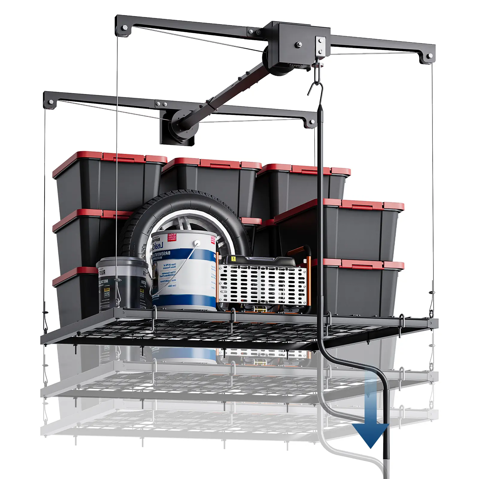 Overhead Garage Storage Rack, Adjustable 4x4 ft Heavy Duty Ceiling Mounted Storage Racks with Safety Lock, 250 Lb Capacity Overhead Garage Storage Rack for Garage and Attic