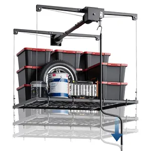 Overhead Garage Storage Rack, Adjustable 4x4 ft Heavy Duty Ceiling Mounted Storage Racks with Safety Lock, 250 Lb Capacity Overhead Garage Storage Rack for Garage and Attic