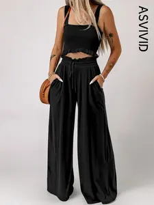 Women's Solid Frill Trim Pants Two Piece Set, Casual Shirred Crop Tank Top & Paper Bag Waist Wide Leg Pants Set for Summer, Back To School Matching Sets Going Out Clothes for Daily Wear