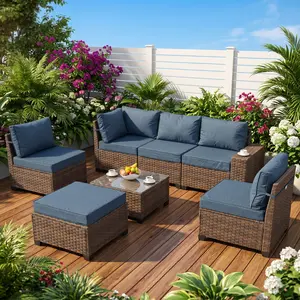 ZOPATICO 7 Pieces Outdoor Rattan Sofa Set, Weather Resistant Wicker Patio Furniture Set with Cushions & Coffee Table, Garden Backyard Porch Conversation Seating Set