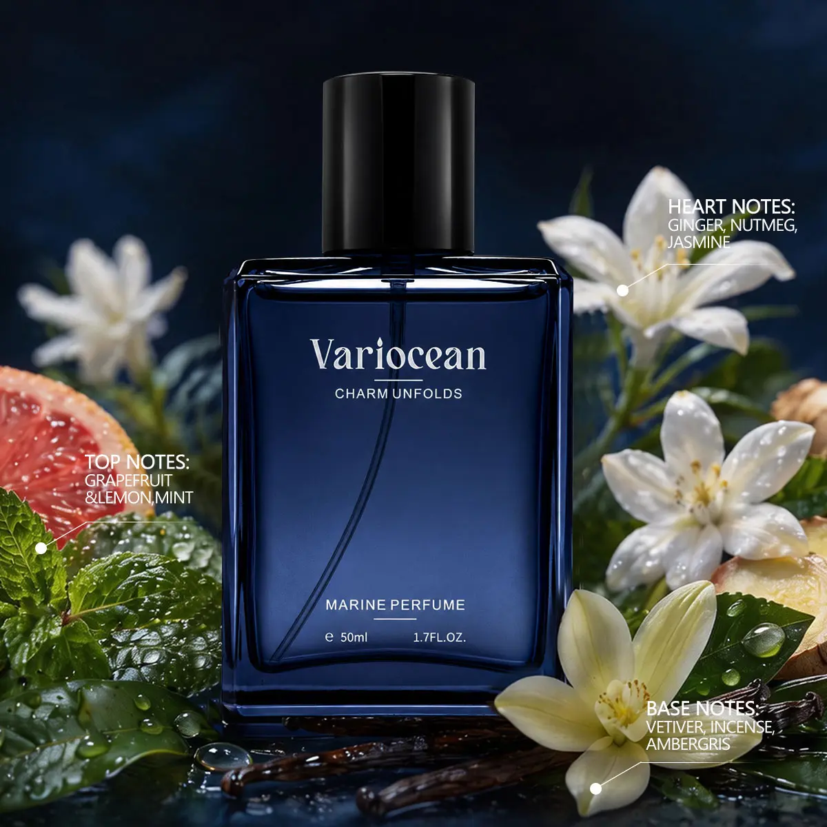 Variocean Charm Unfolds Men's Cologne 50ml/100ml | Intense Long Lasting 24H Fresh Marine & Deep Blue Wood Fragrance, Premium Amber Cedar EDP Perfume, Perfect Anniversary Gift