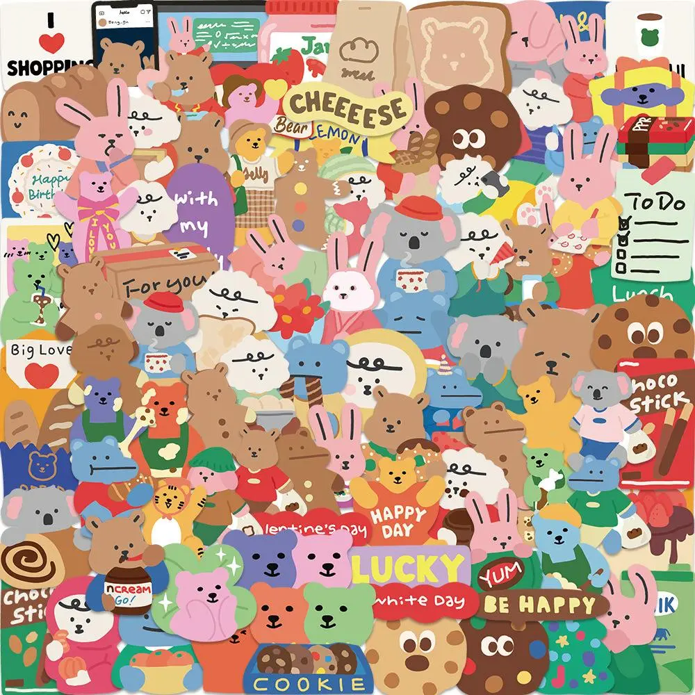 Cute Bear Pattern Sticker, 100pcs/set Cartoon Daily Life Series Sticker, DIY Decorative Sticker for Phone Case, Computer, Guitar, Bag, Water Cup, Scrapbook