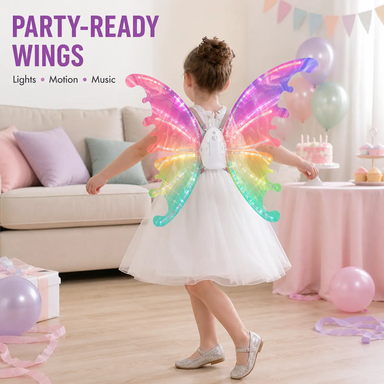 Electric Light Up Butterfly Wings for Girls, Moving Fairy Wings with LED Lights and Music, Rainbow Princess Costume Accessory with Adjustable Straps for Kids Halloween Costume, Birthday Party, Cosplay, Dance Performance and Fantasy Pretend Play