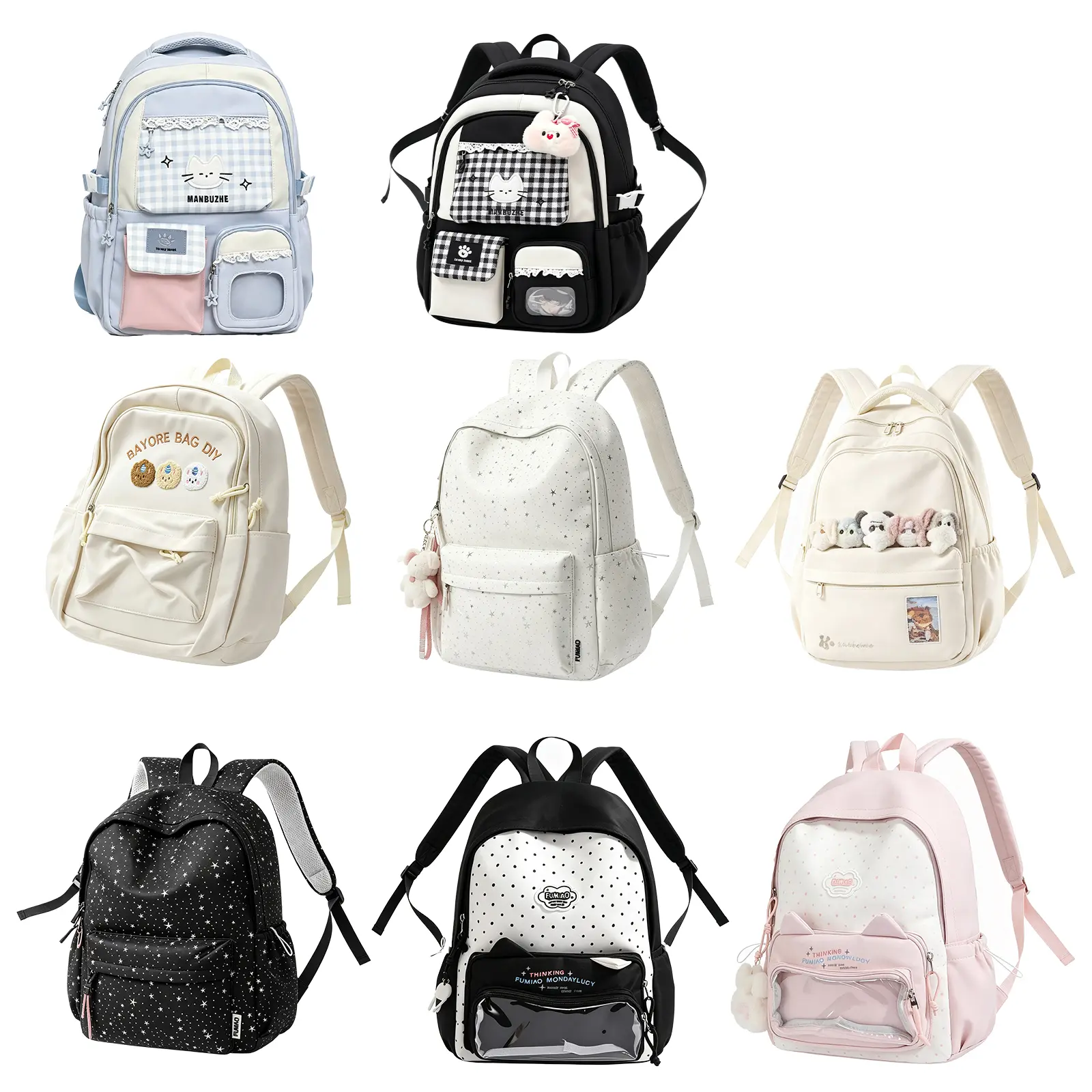 8Pcs Kawaii Coquette Aesthetic School Backpack for Teen Girls, Clear Pin Display Ita Bookbag, Large Capacity Lightweight Laptop Daypack, Cute Star Plaid Cat Design Backpack for Elementary Middle College School Travel