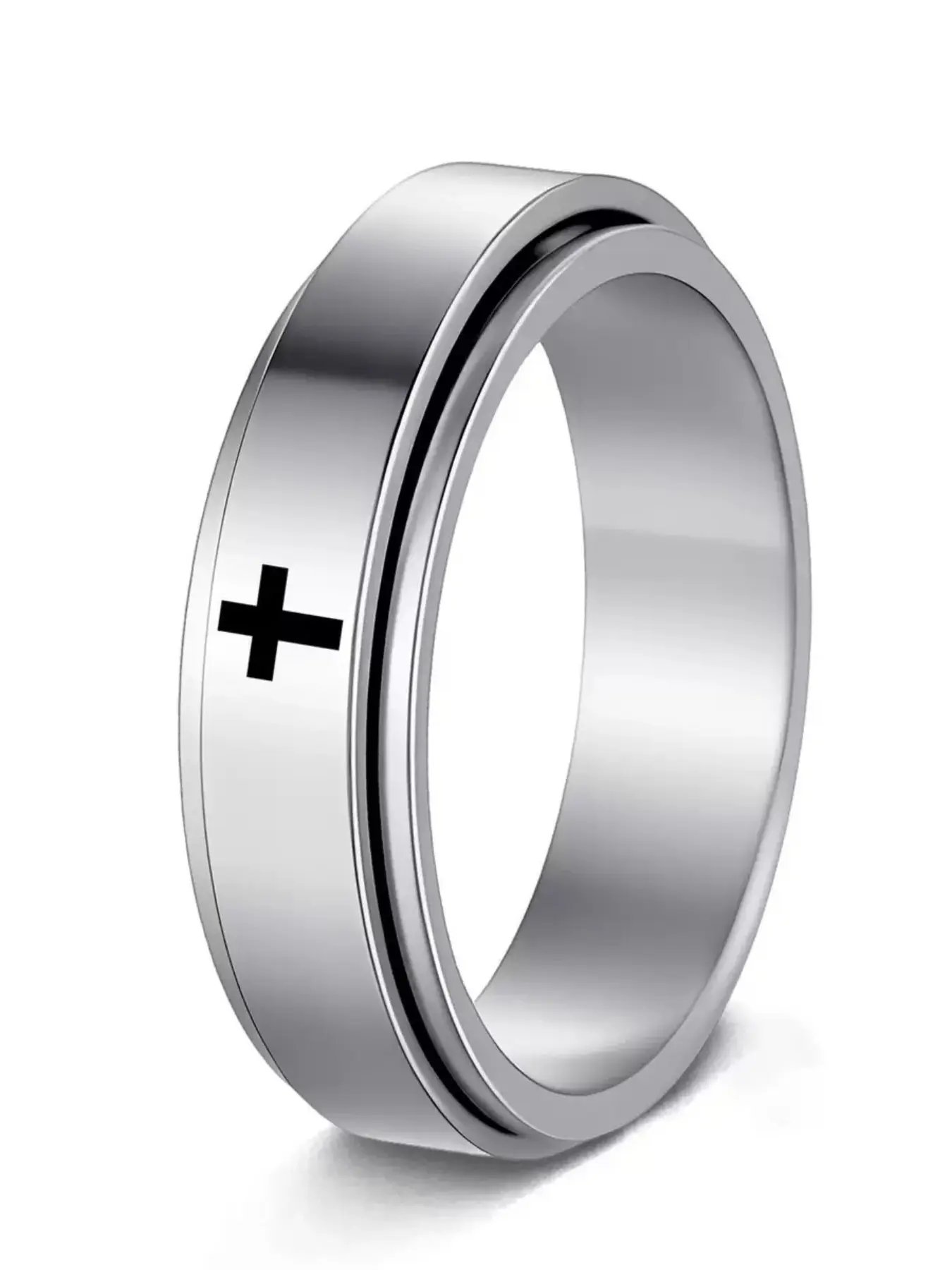 Rotating Cross Titanium Steel Ring for Stress Relief, Fidget Ring, Unisex Design, Couples Jewelry, Everyday Wear, Includes Ring Box, European Style, Stress Relief Rings