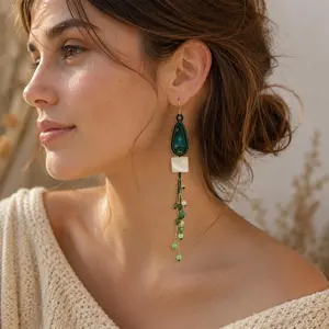 Long Dangle Earrings, Handmade Jewelry, Asymmetrical Boho Leaf Earrings, Gift for her