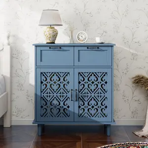 Czcznm Storage Cabinet Slate Blue 2 Door 2 Drawer MDF Sideboard with Hollow Carving Design for Home Entryway & Living Room