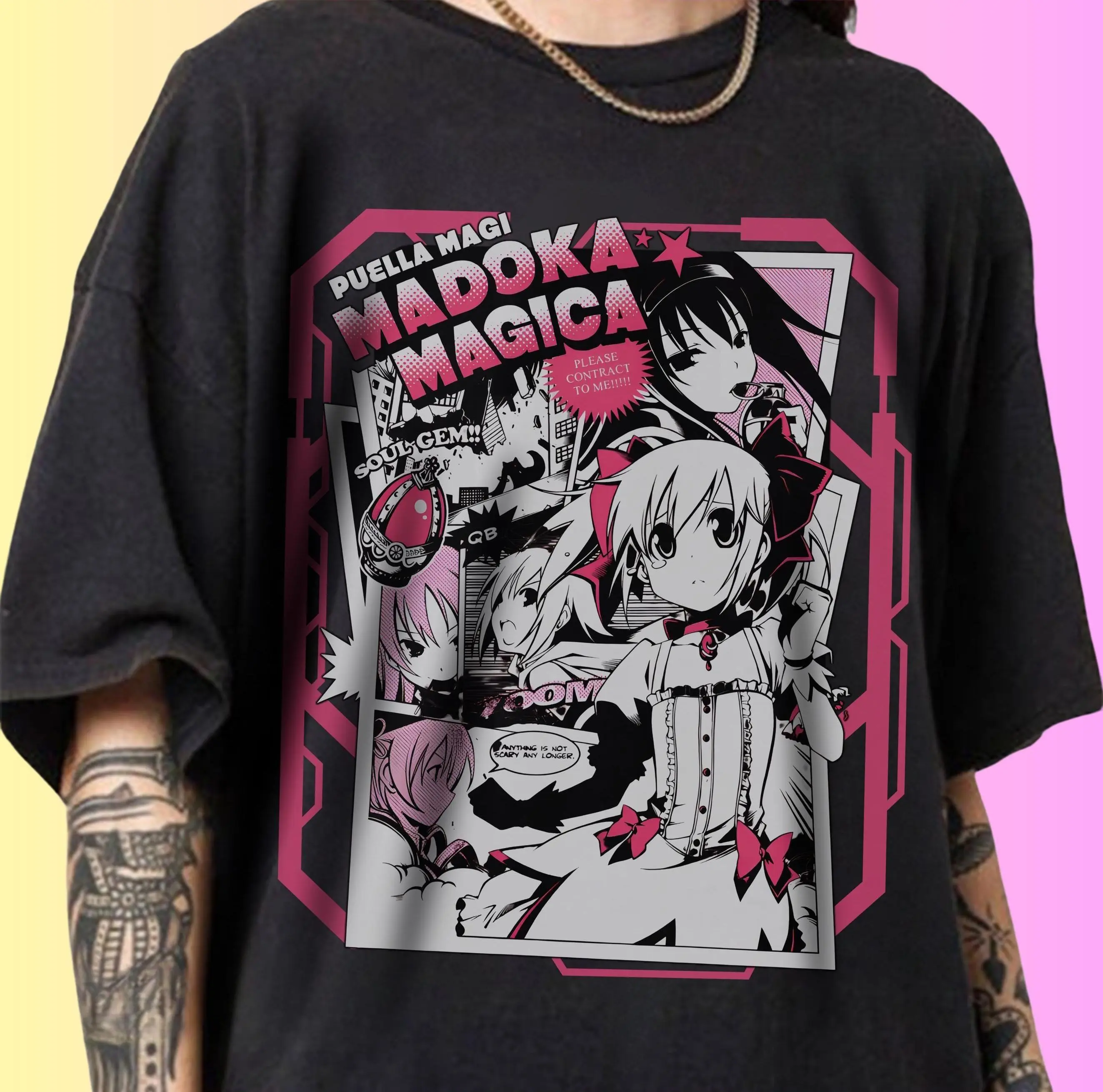 Madoka Retro Magical Girl Anime Graphic T-Shirt, Vintage Manga Panel Tee, Pink Aesthetic Kawaii Shirt, Cute Fantasy Heroine Top, Gift for Anime Fans