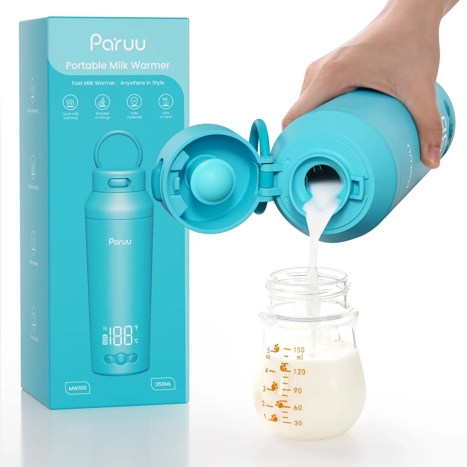 Paruu Portable Baby Bottle Warmer for On-the-Go Use, Easy-to-Clean Wide Opening, Heats Up Fast in 4 Minutes, 7-Level Temperature Control, 30W Fast Charging, 340ml Capacity, Blue