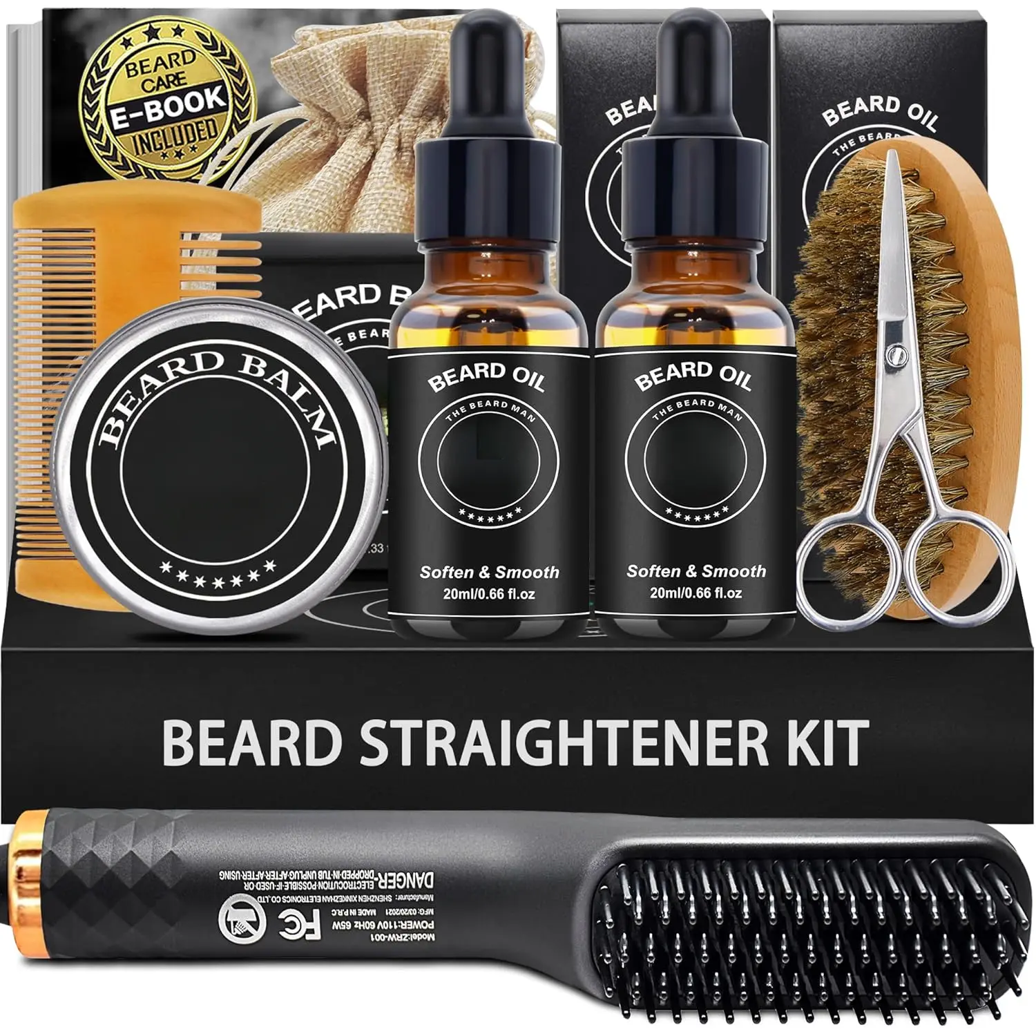 Beard Kit,Beard Grooming Kit,w/Beard Straightener,Beard Oil,Beard Balm,Beard Comb,Beard Scissor,Razor & Brush Stands,Bag,E-Book,Beard Care Birthday Dad Gifts for Men Him Father