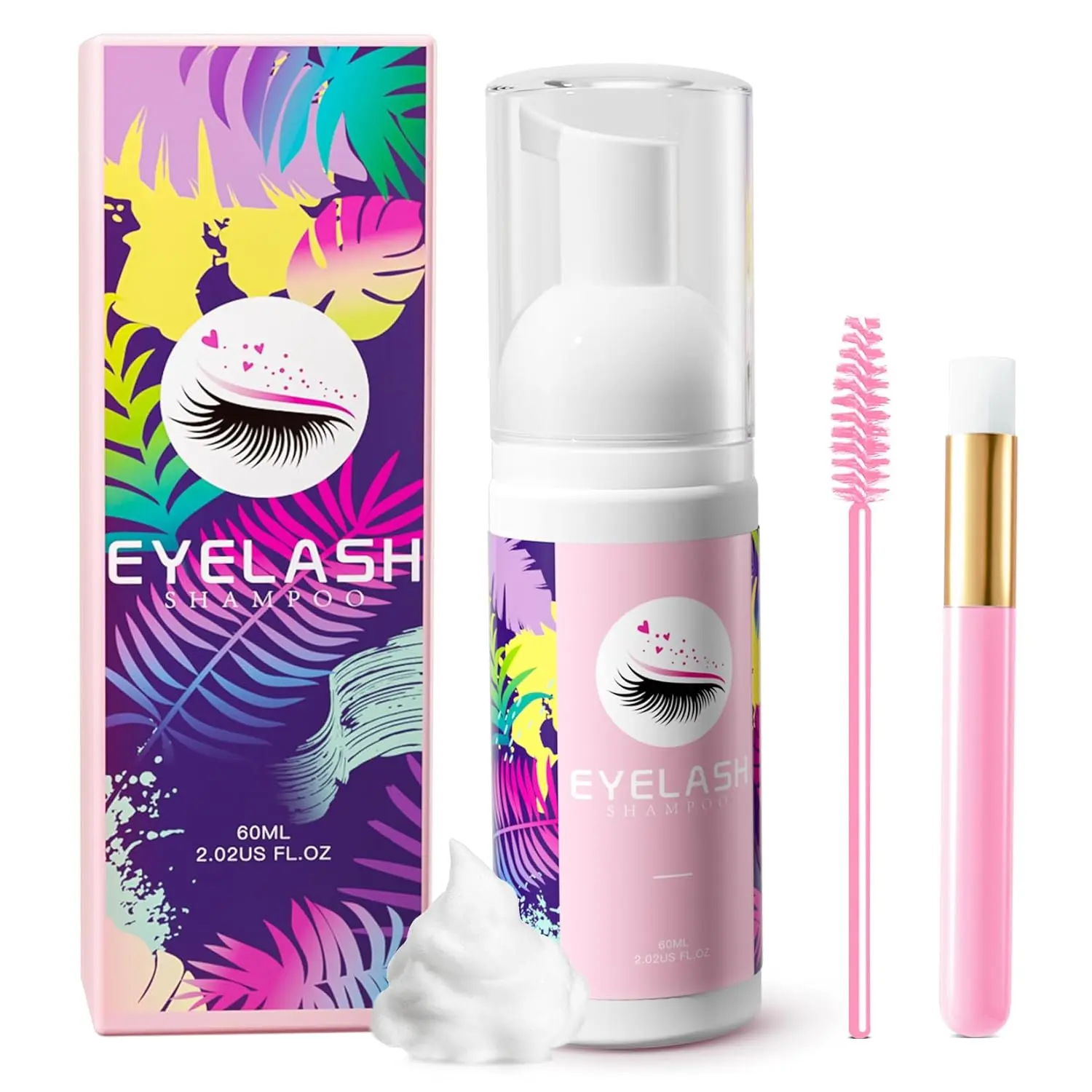 Lash Shampoo for Lash Extensions, Lash Shampoo Cleaning Kit | 60ml Eyelash Extension Cleanser with Shampoo Brush, Mascara Brush, No Irritating Foame Eyelash Makeup Remover, Home Salon Use