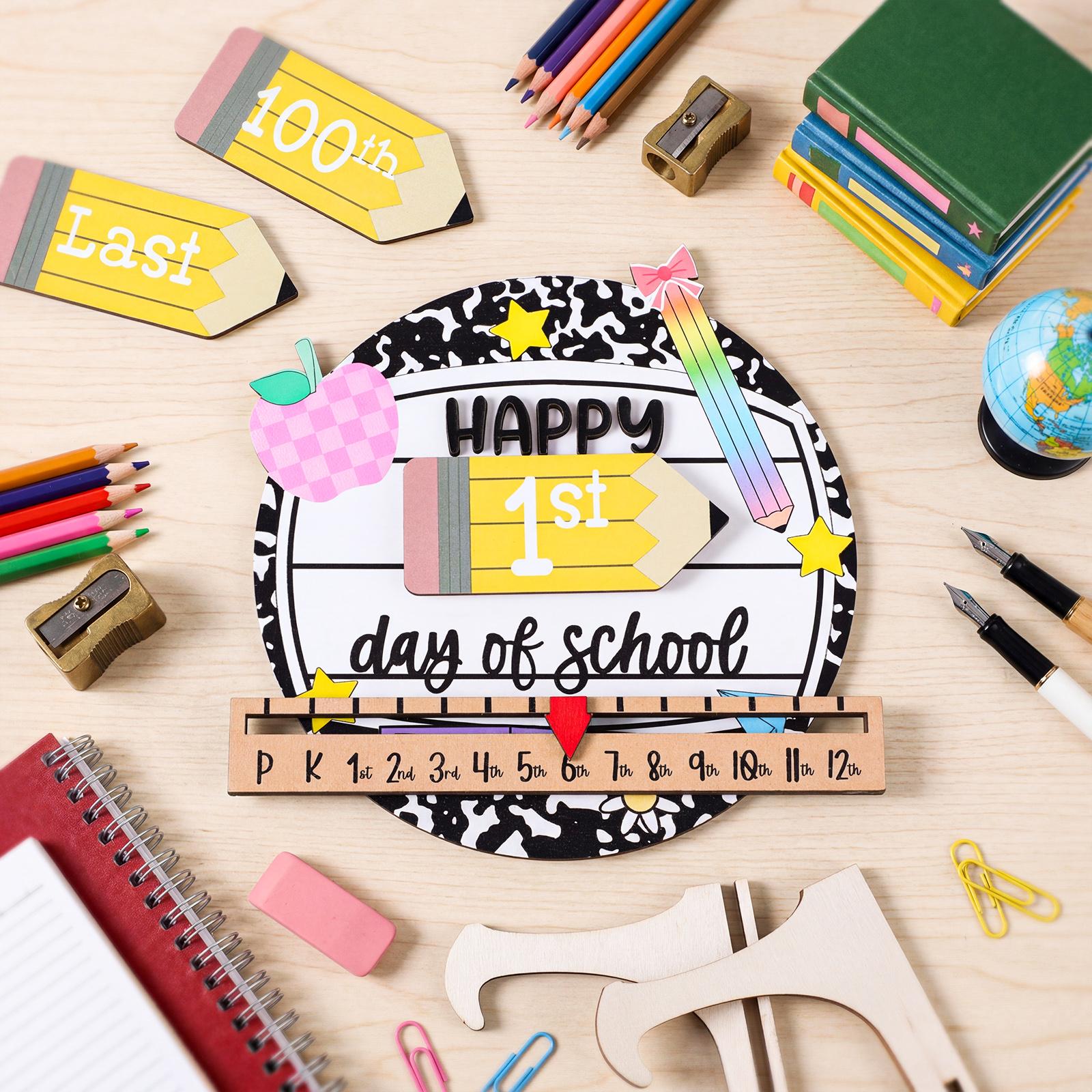 First & Last Day of School Sign Reusable Dry Erase 8" - Back to School Board Gifts Wooden Pencil Style, Cute Pencil Bow Notebook Design for Pre-K Kindergarten Photo Props First Day Last Day Traditions Teachers Parents Essentials Class of 2026