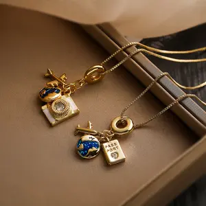 Creative Real Gold Plated Copper Zircon Airplane Globe Passport Pendant Necklace for Women, INS Influencer Niche Personalized Versatile Collarbone Chain, Viral TikTok Trendy Jewelry gold zircon plat gold gold jewelry