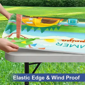 3pc Party Camping Yard Tablecloth Set, Beach RV Vacation Scene, Elastic Stretch Cover, Windproof Rectangular Tablecloth, Outdoor Picnic BBQ