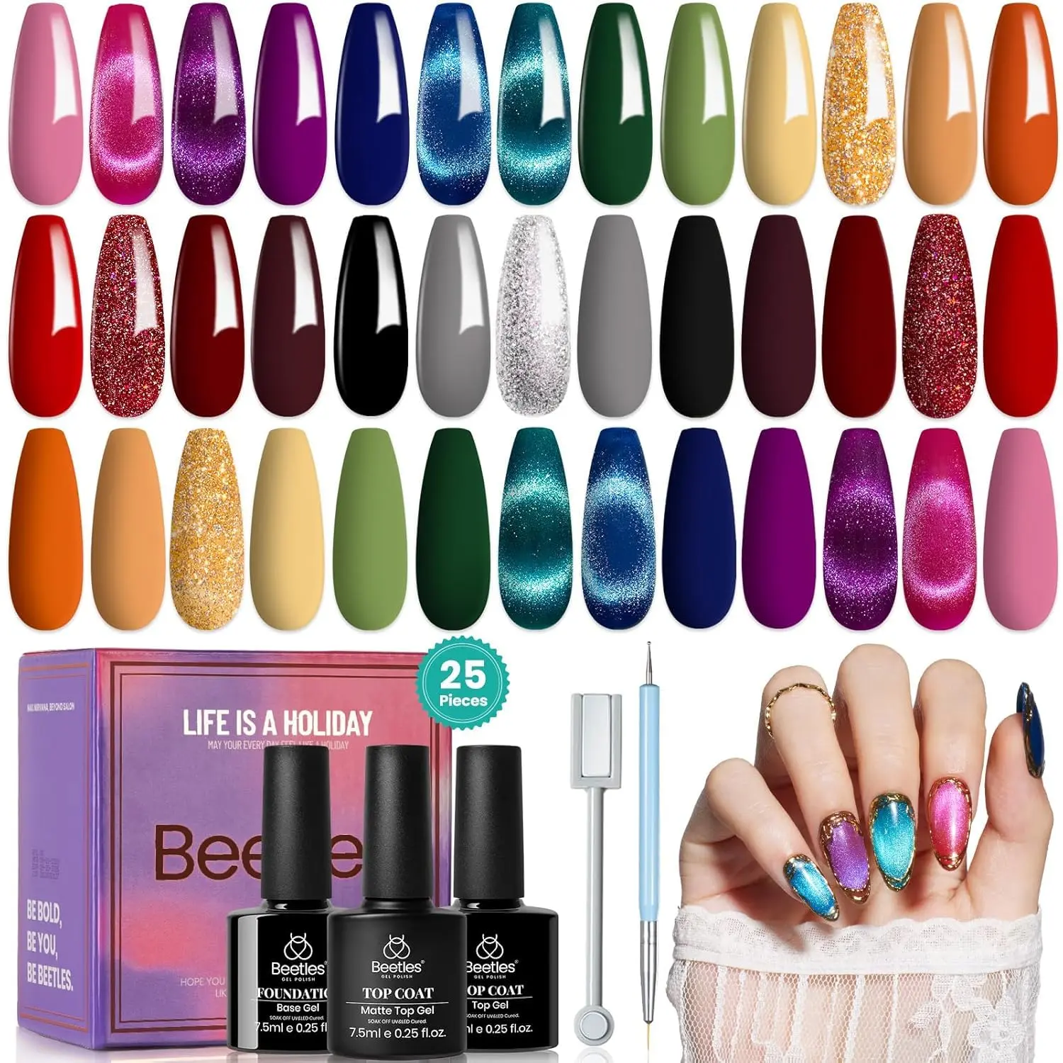 [Beetles] 20 Colors Gel Nail Polish Set - 5mL Gemstone Party Cat Eye Gel Polish Set Burgundy Red Purple Black with Magnet Pen Base Top Coat Soak Off UV LED Gel Kit DIY Salon Gift for Women