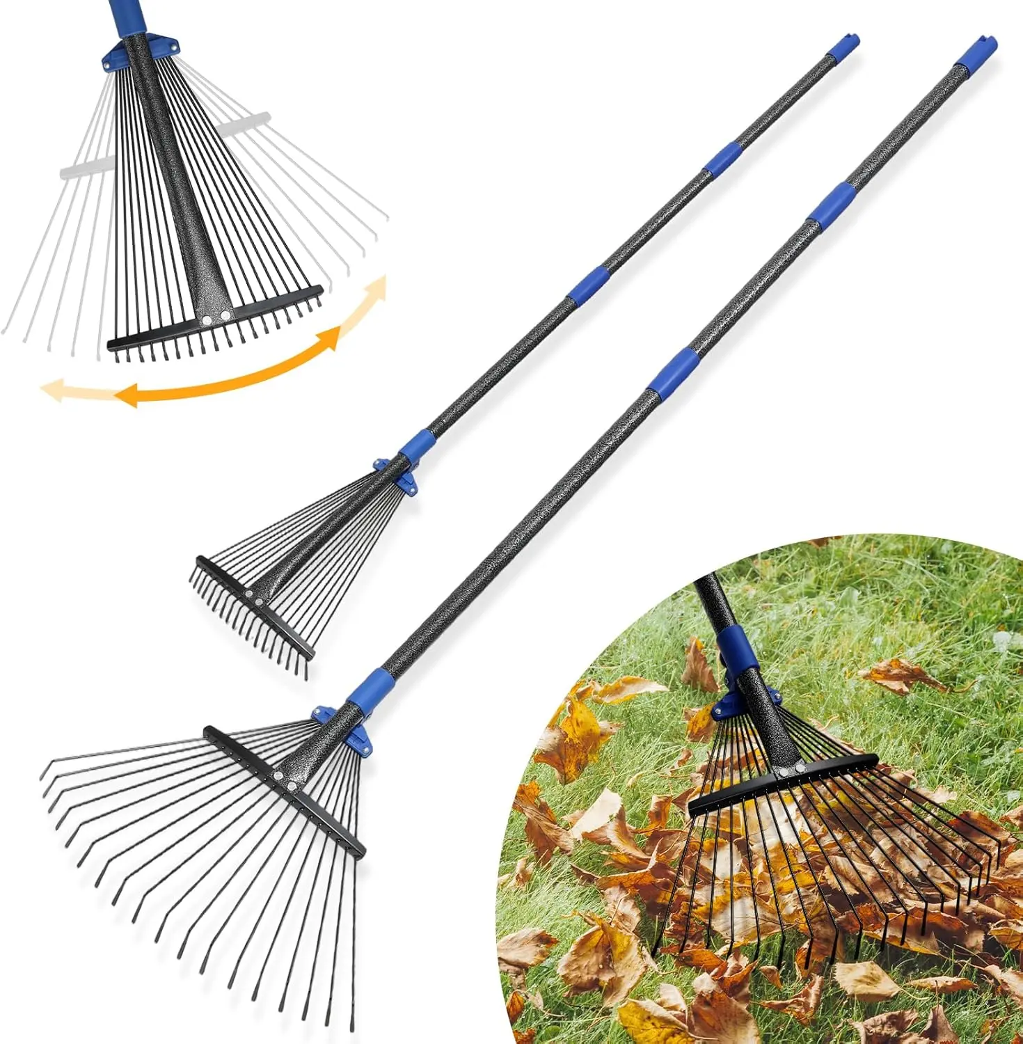 Heavy Duty Adjustable Leaf Rake, Expandable Metal Lawn Rake with 30"-60" Long Handle and 8"-17" Adjustable Head, Collapsible 18 Tine Garden Rake for Leaves Grass Weeds Yard Debris Cleanup
