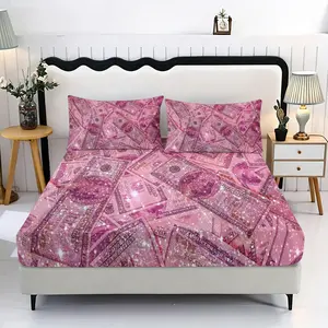 3pc Money Dollar Pink Fitted Sheet Bedding Set, with 25cm deep pockets, including 1 fitted sheet and 2 pillowcases, available in single, double, and king sizes, a great holiday gift for friends, suitable for bedrooms, guest rooms, dormitories, and hotels